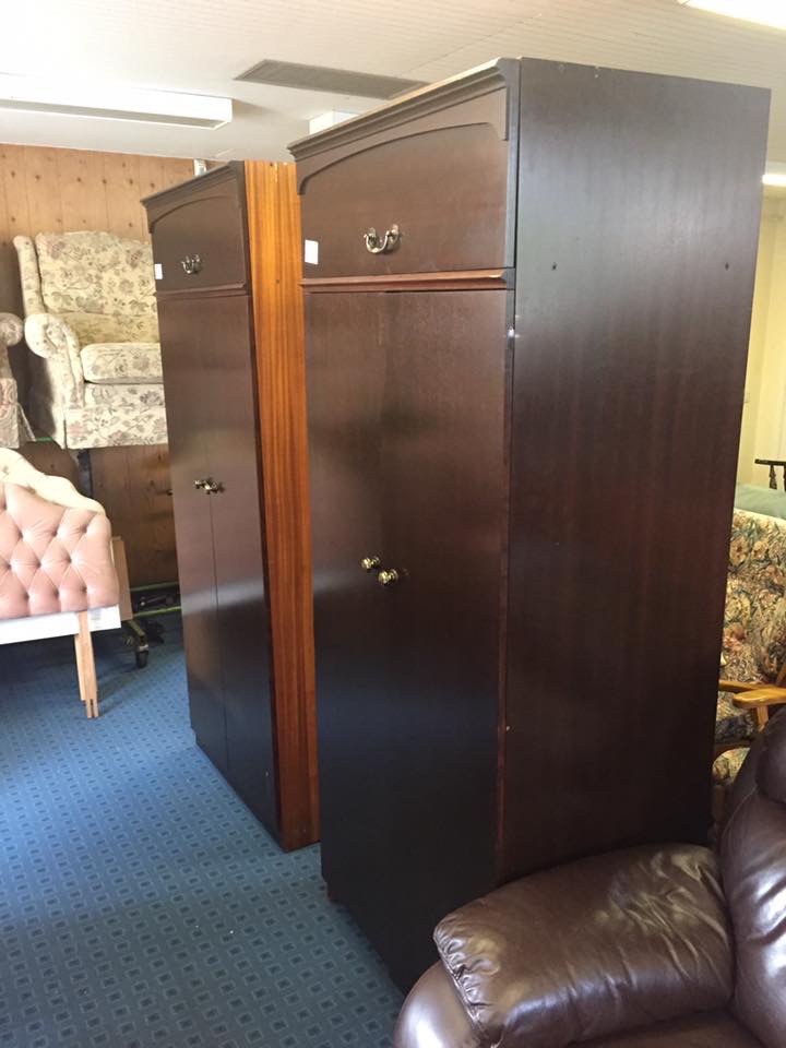 Brown mahogany effect wardrobe with top storage (attached). Very solid and heavy. 2 available.
